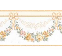 Dundee Deco BD6192 Frise de Papier Peint, Frise Murale, Bordure de papier peint précollé Motif floral vert, blanc, perle, marron, roses dans guirlandes Design rétro 4,57 m x 12,95 cm