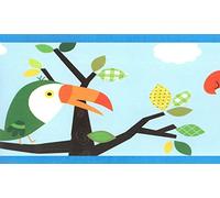 Dundee Deco BD6253 Frise de Papier Peint, Frise Murale, Bordure murale précollée pour enfants Bleu/marron, oiseaux verts, perroquets Design rétro 4,57 m x 15,24 cm