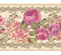 Dundee Deco DDAZBD9066 Frise de papier peint à décoller et à coller - Rose floral, roses crème, parchemins, bordure murale hortensia, design rétro, 4,57 m x 17,78 cm, autocollant