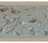 Dundee Deco DDAZBD9085 Frise de papier peint à décoller et à coller - Motif damassé doré, marron, gris, feuilles - Motif rétro - 4,57 m x 17,78 cm - Autocollant