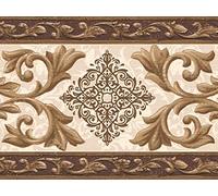 Dundee Deco DDAZBD9103 Frise de papier peint à décoller et à coller - Motif damassé marron doré - Bordure murale rétro - 4,57 x 17,78 cm - Autocollant
