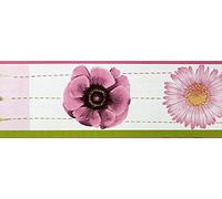Dundee Deco MGAZBD2086 Frise de Papier Peint, Frise Murale, Bordure de papier peint auto-adhésif Motif fleurs et coquelicots verts, fleurs d'aster, 10 m x 10 cm Autoadhésif Autocollant
