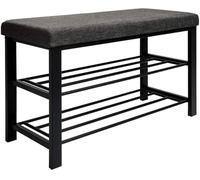 DuneDesign Banc à Chaussures - 81x32x50 Cm - Banquette Rembourrée avec 2 Étagères en Métal pour Chaussures - Meuble de Couloir Hall Chambre Salle de Bain - Assise Effet Lin Stable et Durable