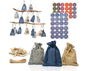 DuneDesign Calendrier de l'Avent à remplir 2025 - DIY 24 sachets en tissu avec guirlande et set d'autocollants - Calendrier de Noël à remplir soi-même Sachets de l'Avent à remplir Enfants