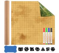 Dungeon Grid Game Mat Tapis double face Rpg Mat 50 x 50 cm Tapis effaçable à sec Cube pour accessoires DND avec 4 marqueurs effaçables à sec 1 gomme pour tableau blanc 7 dés pour jeux de guerre, jeux