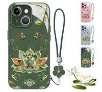 Dunhuang Lotus Lanyard Hard Case for iPhone, All-Inclusive Lens Design Phone Cover, Curranet Phone Case, 17/16/15/14/13 Pro Max, Full-Coverage Drop Protection Phones Cases (for iPhone 13pro,Green)