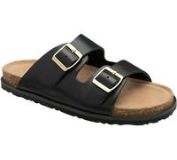 Dunlop Black Double Strap Leather Footbed Mule Sandals