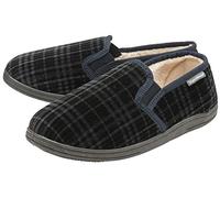 DUNLOP Pantoufles confortables à double soufflet en mousse à mémoire de forme avec doublure en fourrure pour homme avec semelles extérieures, bleu marine, 44 EU