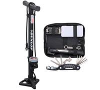 Dunlop Pompe à Vélo avec Manomètre et Kit Réparation Vélo 14 Pièces - Outils Vélo avec Mini Pompe et Rustines - Compatible Presta Dunlop Schrader - Noir