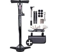 Dunlop Pompe à Vélo avec Manomètre et Kit Réparation Vélo 14 Pièces - Outils Vélo avec Mini Pompe et Rustines - Compatible Presta Dunlop Schrader - Noir