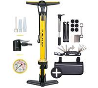 Dunlop Pompe à Vélo avec Manomètre et Kit Réparation Vélo 14 Pièces - Outils Vélo avec Mini Pompe et Rustines - Compatible Presta Dunlop Schrader - Noir