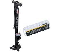 Dunlop Pompe à Vélo avec Manomètre et Kit Réparation Vélo 9 Pièces - Outils Vélo avec Rustines et Démonte-Pneus - Compatible Presta Dunlop Schrader - Noir
