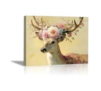 DunPei sur Toile Animal Photos d'œuvres d'art Fleurs et Cerfs pour Le Bureau à Domicile Décoration Moderne Peinture Murale d'art l'image imprimée(Brun)-50x70cm Encadrée