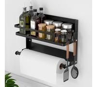 DUNSOO Étagère réfrigérateur, Etagere Cuisine Sans Percage Avec Porte-rouleau de cuisine et 4 Crochets, Pliable etagere a epices murale pour Réfrigérateur, mur de Cuisine/Salle de Bainc