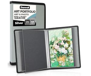 Dunwell 12x18 Art Portfolio Binder with Mounting Paper (Silver), Large Portfolio Folder for Artwork Storage, 24 Clear Sleeves Display 48 Pages, Acid-Free Poly 12 x 18 Presentation Book