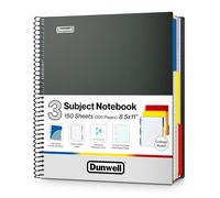 Dunwell Cahier à spirales 3 sujets - Ligné universitaire, 21,6 x 28,9 cm, couverture en polyéthylène de qualité supérieure, intercalaires de poche mobiles avec onglets, 150 feuilles, carnet multi-sujets pour étudiant, école