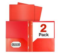 Dunwell Lot de 2 dossiers en plastique à 2 poches avec 3 broches, rouge - Durable sans acide - Nettoyage - Résistant aux déchirures - Porte-document à 3 fermoirs, étiquettes incluses