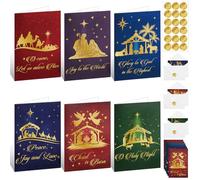 Dunzoom Lot de 120 cartes de Noël religieuses avec enveloppes et autocollants, feuille d'or gaufrée 10,2 x 15,2 cm, carte de vœux de Noël imprimée à l'intérieur, 6 scènes de crèche assorties