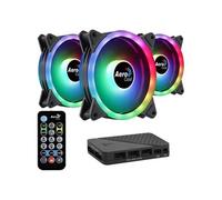 Aerocool Duo 12 Pro Pack - 3 x ARGB Fans 120mm, 1 x H66F RGB Fan Hub, Remote control, Double RGB LED Ring and 18 LEDs, Includes 6-pin connector, Curved Blades and Anti-Vibration Pads, 12v Fan, Black