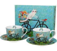 DUO ANIMALS Lot de 2 tasses 230 ml CAT'S WORLD - BICYCLE avec soucoupes, New Bone China Porcelaine