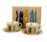 DUO ANIMALS Lot de 2 tasses 230 ml CAT'S WORLD - Fête avec soucoupes, New Bone China Porcelaine