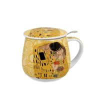 DUO ART GALLERY Gobelet 430 ml avec infuseur The Kiss ECRU inspiré par Gustav Klimt New Bone China Porcelaine