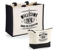 Duo cabas jute et trousse 1976 Millésime Grand Cru Cadeau Femme Anniversaire Noël | Sac de courses Pochette Maquillage Shopping