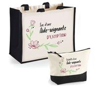 Duo cabas jute et trousse Aide-soignante d'exception Cadeau Collègue Anniversaire Noël | Sac de courses Pochette Maquillage Shopping