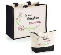 Duo cabas jute et trousse Animatrice d'exception Cadeau Collègue Anniversaire Noël | Sac de courses Pochette Maquillage Shopping