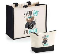 Duo cabas jute et trousse Batterie Musique J'peux Pas Cadeau Anniversaire Noël | Sac de courses Pochette Maquillage Shopping