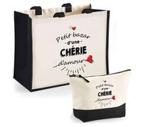 Duo cabas jute et trousse Bazar d'une Chérie d'amour Cadeau Femme Saint Anniversaire Noël | Sac courses Pochette Maquillage Shopping