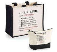Duo cabas jute et trousse Christophe Définition Cadeau Prénom Homme Anniversaire Noël | Sac de courses Pochette Maquillage Shopping