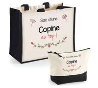 Duo cabas jute et trousse Copine au top Cadeau Amie Amitié Anniversaire Noël | Sac de courses Pochette Maquillage Shopping