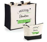 Duo cabas jute et trousse Éducatrice meilleure de tous les temps Cadeau Anniversaire Noël | Sac courses Pochette Maquillage Shopping