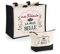 Duo cabas jute et trousse Filleule la plus belle Cadeau Filleule Anniversaire Noël | Sac de courses Pochette Maquillage Shopping