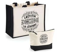 Duo cabas jute et trousse Laëtitia Déesse Légende Cadeau Prénom Femme Anniversaire Noël | Sac courses Pochette Maquillage Shopping