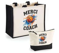 Duo cabas jute et trousse Merci Coach Basket Cadeau Collègue Anniversaire Noël | Sac de courses Pochette Maquillage Shopping