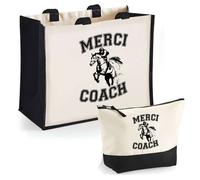Duo cabas jute et trousse Merci Coach Equitation Cadeau Collègue Anniversaire Noël | Sac de courses Pochette Maquillage Shopping