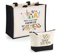 Duo cabas jute et trousse Merci super Maîtresse Cadeau Collègue Anniversaire Noël | Sac de courses Pochette Maquillage Shopping