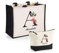Duo cabas jute et trousse noir Annabelle Lettre Fleur | Cadeau Anniversaire Femme Noël Fête des Mères Set Shopping Sac de courses & Pochette
