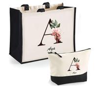 Duo cabas jute et trousse noir Aya Lettre Fleur | Cadeau Anniversaire Femme Noël Fête des Mères Set Shopping Sac de courses & Pochette