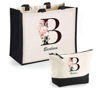 Duo cabas jute et trousse noir Barbara Lettre Fleur | Cadeau Anniversaire Femme Noël Fête des Mères Set Shopping Sac de courses & Pochette