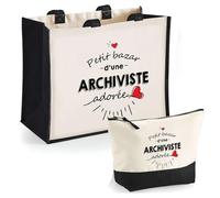 Duo cabas jute et trousse noir Bazar d'une Archiviste adorée | Set de Shopping Femme Anniversaire Noël Fête des Mères Cadeau Mamie Sac de courses et Pochette