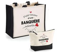 Duo cabas jute et trousse noir Bazar d'une Banquière adorée | Set de Shopping Femme Anniversaire Noël Fête des Mères Cadeau Mamie Sac de courses et Pochette