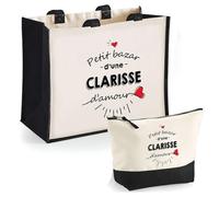 Duo Cabas Jute et Trousse Noir Bazar d'une Clarisse d'amour | Set de Shopping Femme Anniversaire Noël Fête des Mères Cadeau Mamie Sac de Courses et Pochette