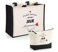 Duo cabas jute et trousse noir Bazar d'une Julie d'amour | Set de Shopping Femme Anniversaire Noël Fête des Mères Cadeau Mamie Sac de courses et Pochette