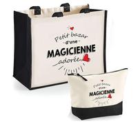 Duo Cabas Jute et Trousse Noir Bazar d'une Magicienne adorée | Set de Shopping Femme Anniversaire Noël Fête des Mères Cadeau Mamie Sac de Courses et Pochette