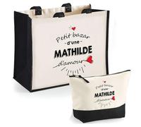 Duo Cabas Jute et Trousse Noir Bazar d'une Mathilde d'amour | Set de Shopping Femme Anniversaire Noël Fête des Mères Cadeau Mamie Sac de Courses et Pochette