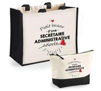 Duo Cabas Jute et Trousse Noir Bazar d'une Secrétaire Administrative adorée | Set de Shopping Femme Anniversaire Noël Fête des Mères Cadeau Mamie Sac de Courses et Pochette