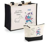 Duo cabas jute et trousse noir Gardiens d'immeuble Les Autres vs Moi | Cadeau Anniversaire Femme Noël Fête des Mères Set Shopping Sac de courses & Pochette